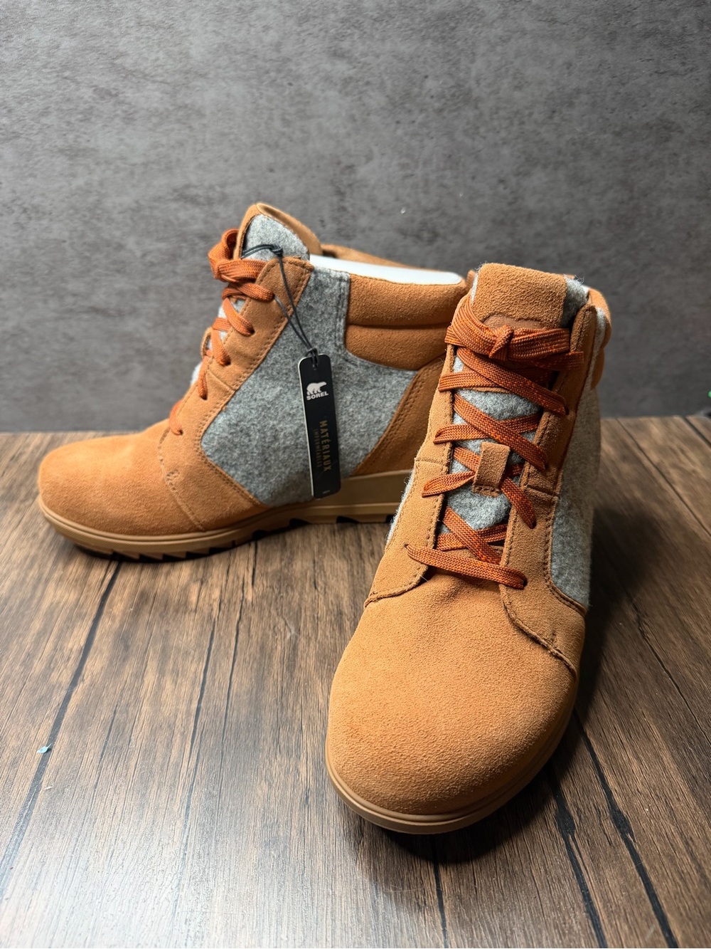 Sorel Evie Ankle Lace Wedge Boots Velvet Tan Gray New